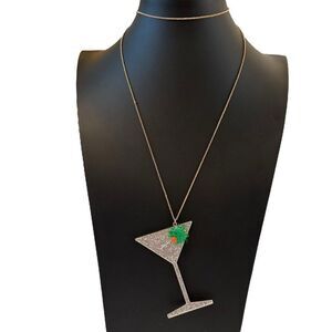 Shimmery Silver Martini Pendant Necklace on Extra Long Chain.